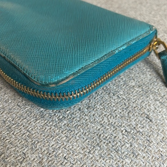 PRADA: Teal Blue Leather & Heritage Gold Logo Long Ziparound Wallet - Picture 8 of 11